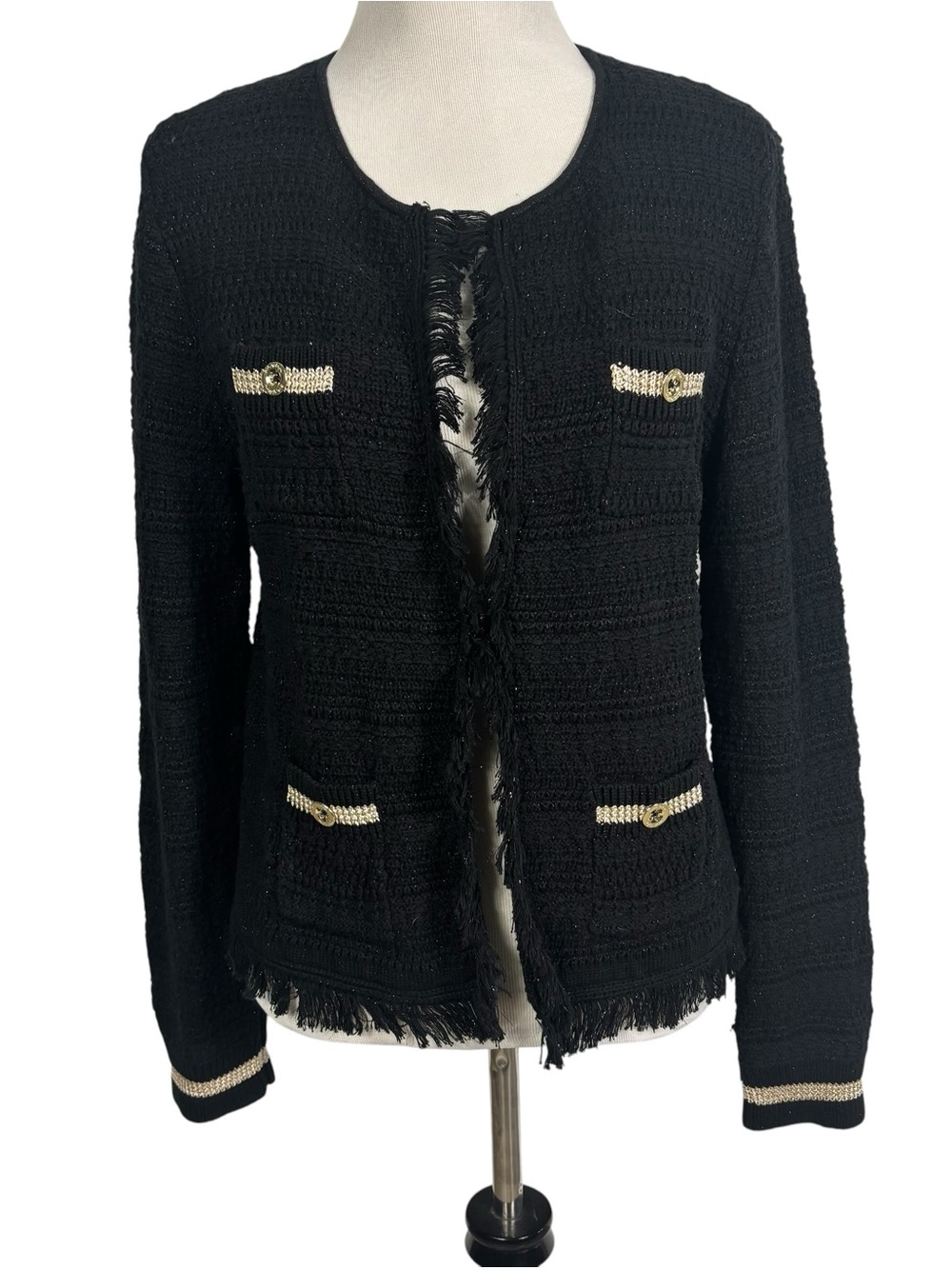 Lilly Pulitzer Black Metallic Beckington Knit Cardigan Gold Buttons Preppy Large